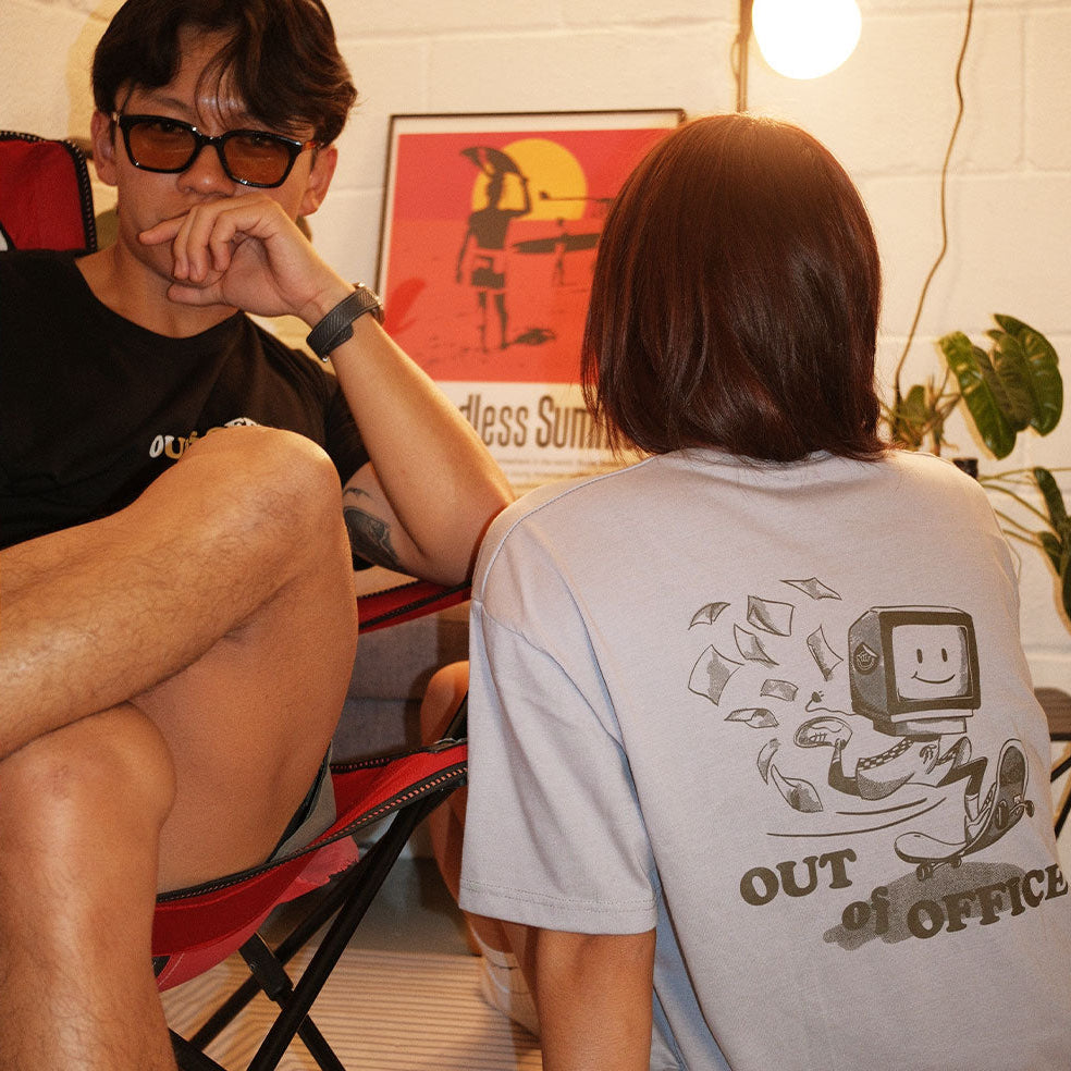 friends resting in the study wearing their off day graphic t shirts