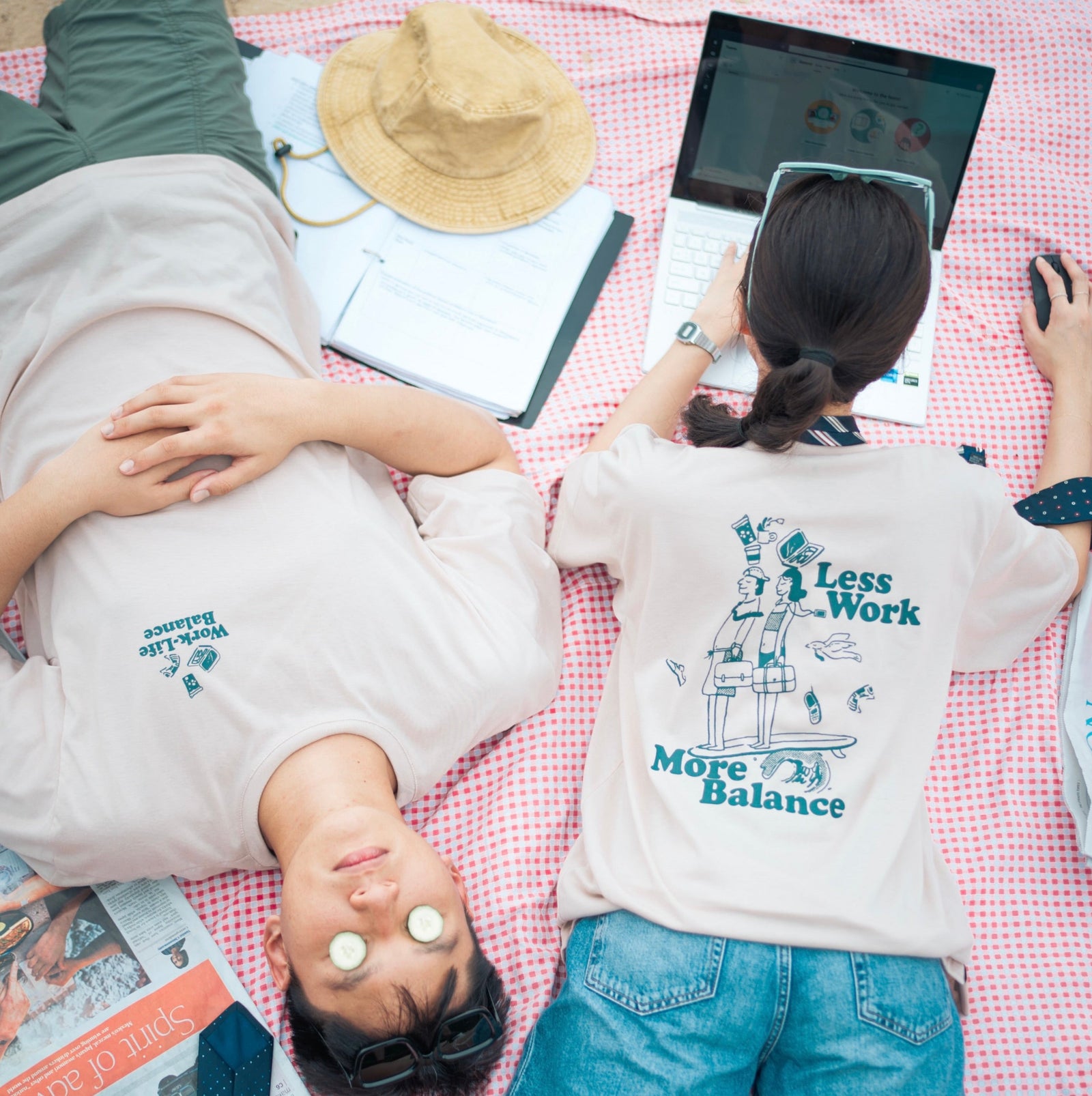 friends resting and chilling outside on their day off in graphic t shirts